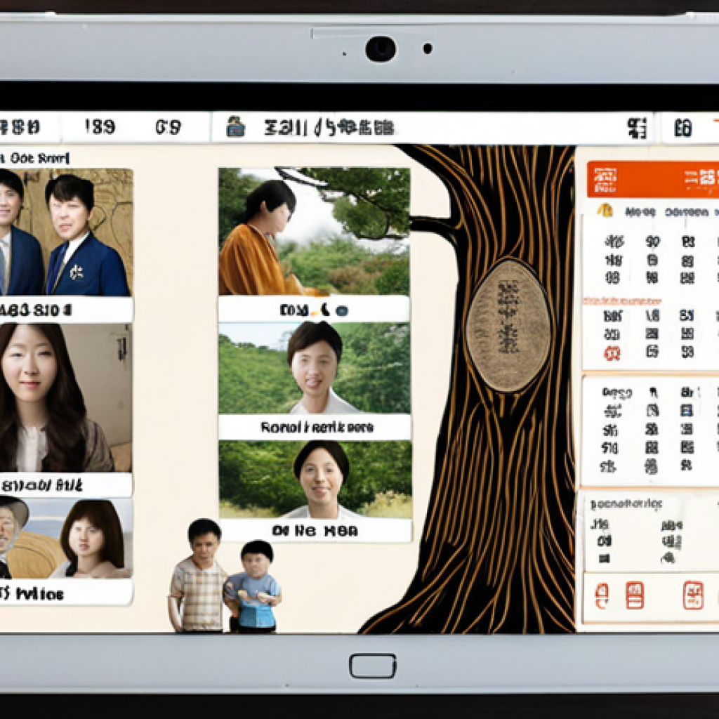 **A digital "Chosonjok Family Tree" (조선족 족보) displayed on a modern tablet.** The tablet shows a visually appealing interface with Korean names, dates, and family connections, potentially incorporating photographs of ancestors. The background subtly hints at both traditional Korean patterns and a modern, tech-focused setting. The overall aesthetic should be clean and informative.