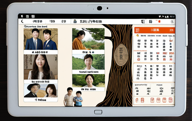 **A digital "Chosonjok Family Tree" (조선족 족보) displayed on a modern tablet.** The tablet shows a visually appealing interface with Korean names, dates, and family connections, potentially incorporating photographs of ancestors. The background subtly hints at both traditional Korean patterns and a modern, tech-focused setting. The overall aesthetic should be clean and informative.